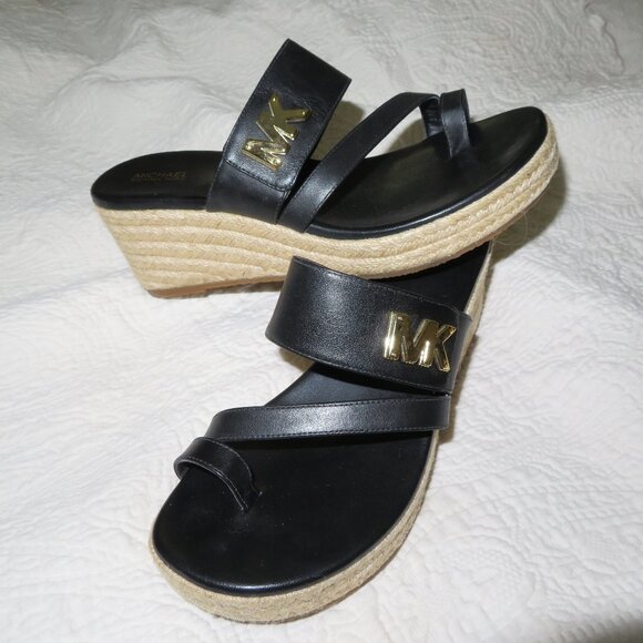 Michael Kors Sidney leather Espadrille Wedge Sandals Black Size US 8 M - Picture 1 of 9